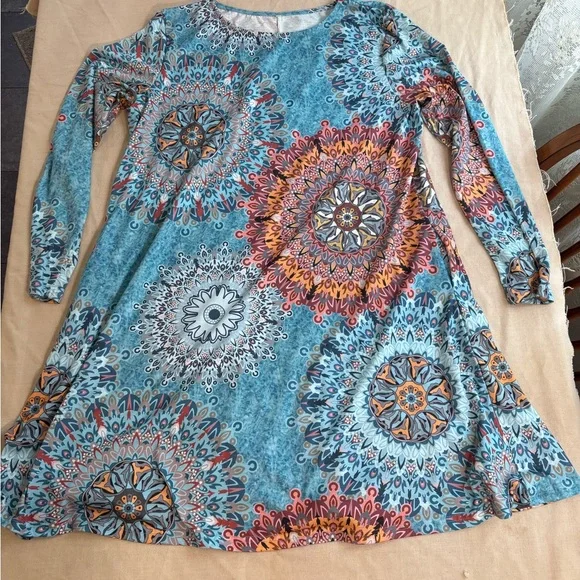 Bohemian Blue Mandala Long Sleeve Dress XL - Picture 2 of 5